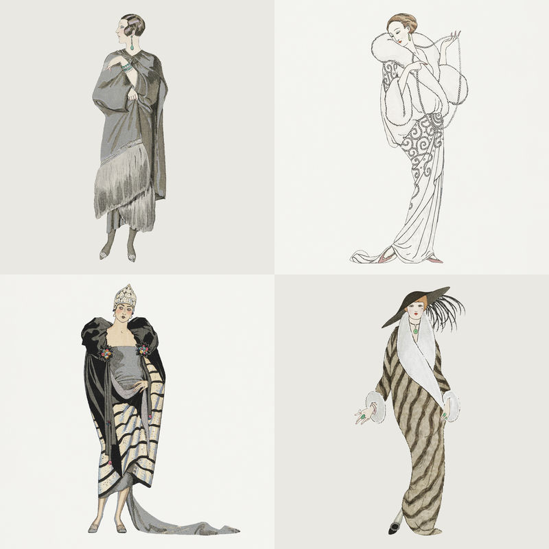 1920年代女性\u0026#39；s时尚psd套装由乔治·巴比尔的艺术作品混合而成