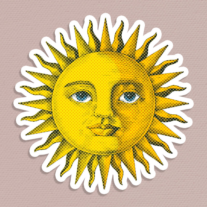 手绘太阳与脸半色调风格贴纸与白色边框插图