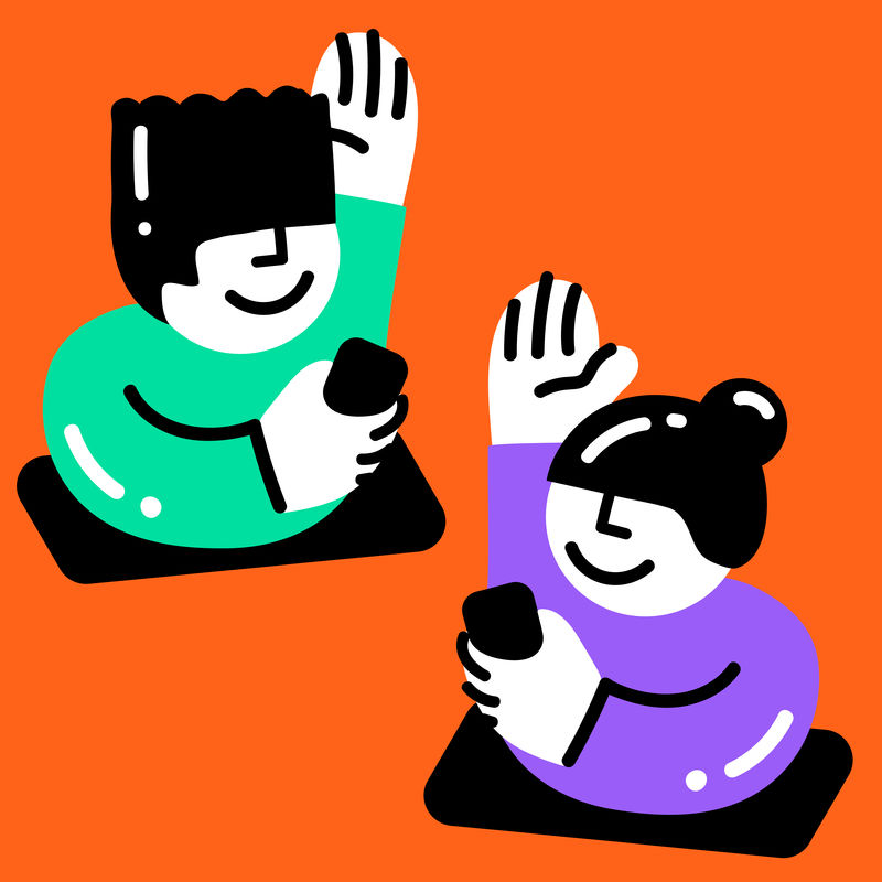 在橙色背景下通过智能手机聊天的情侣化身