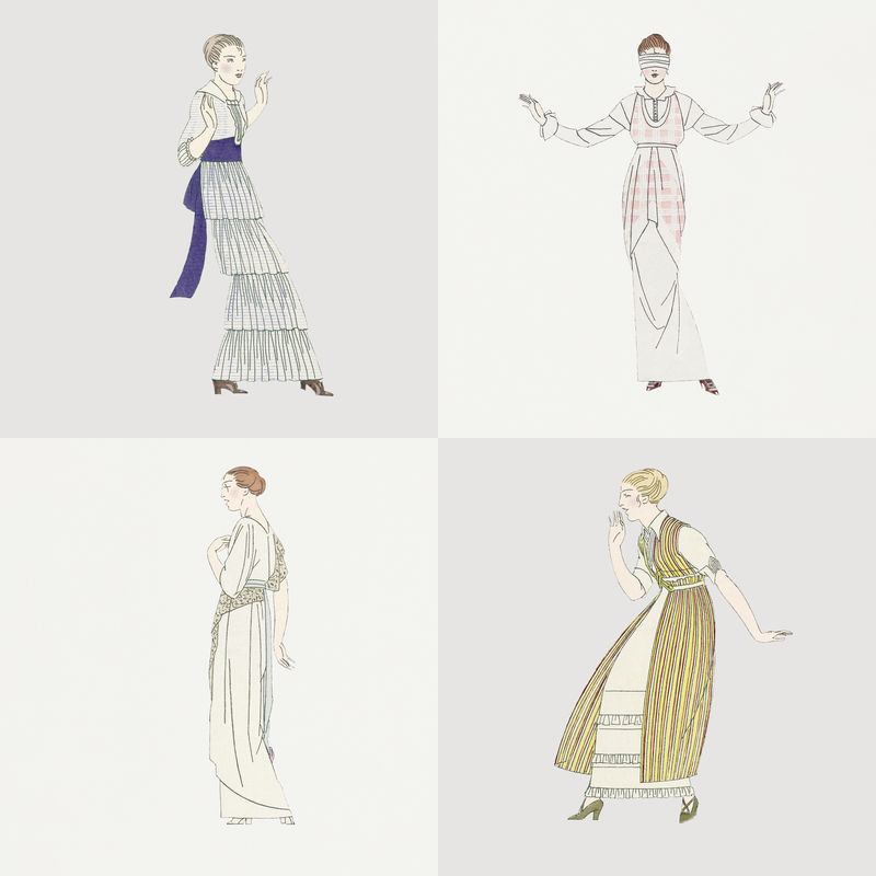 身着复古时装套装的女士由Bernard Boutet de Monvel的艺术作品混合而成