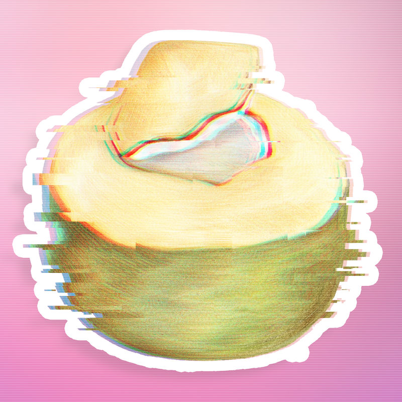 椰子与故障效果贴纸覆盖与白色边框