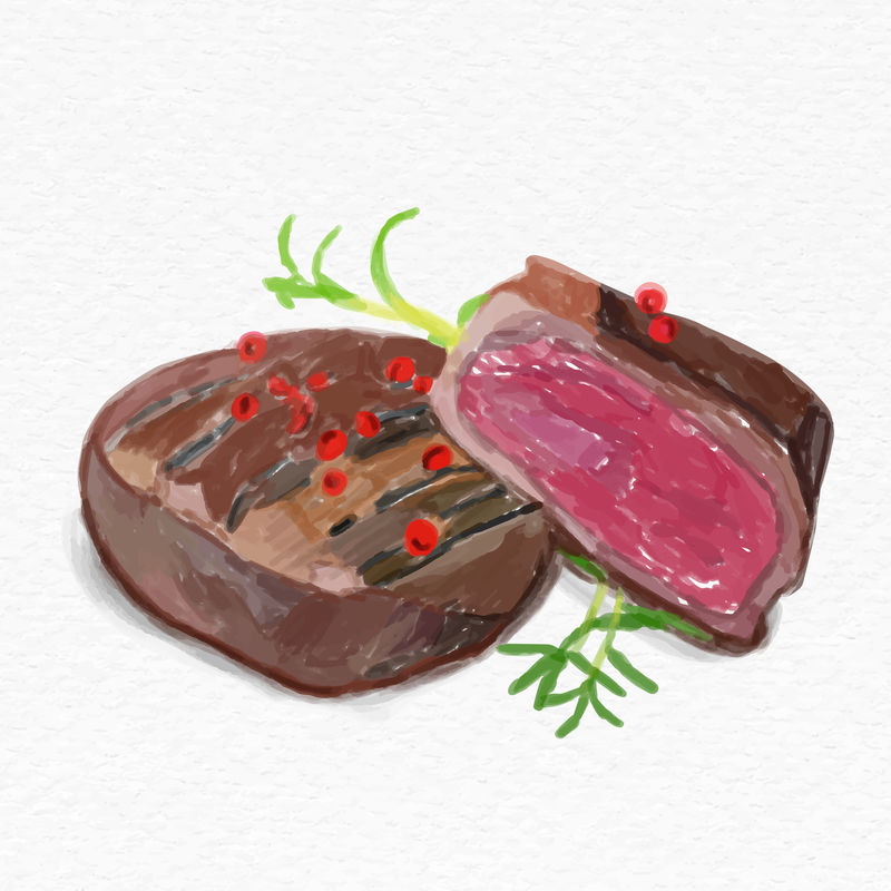熟牛排水彩画