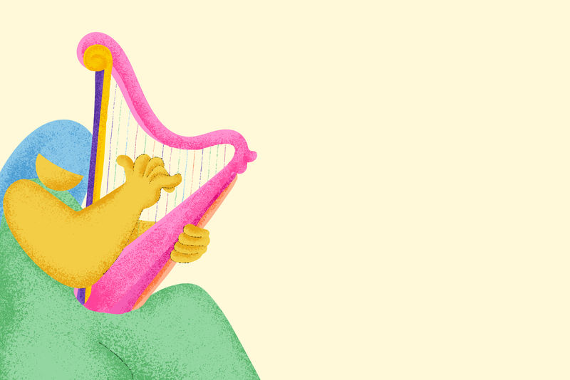 米色音乐背景与竖琴音乐家平面图形