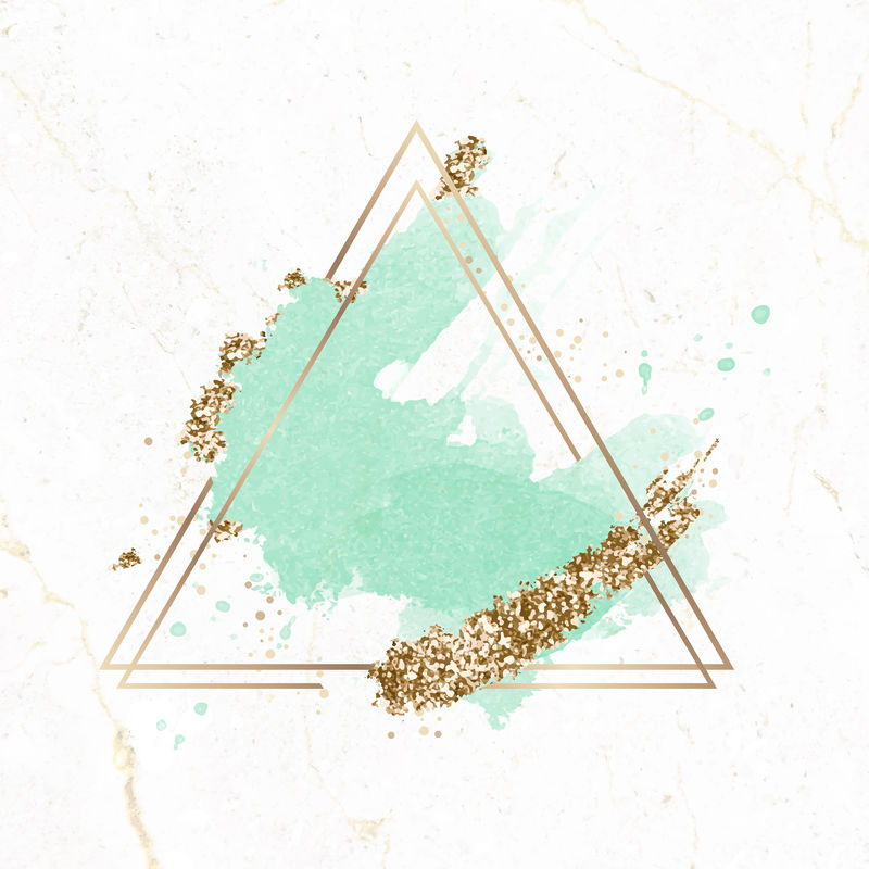 绿色水彩背景向量上的黄金三角框