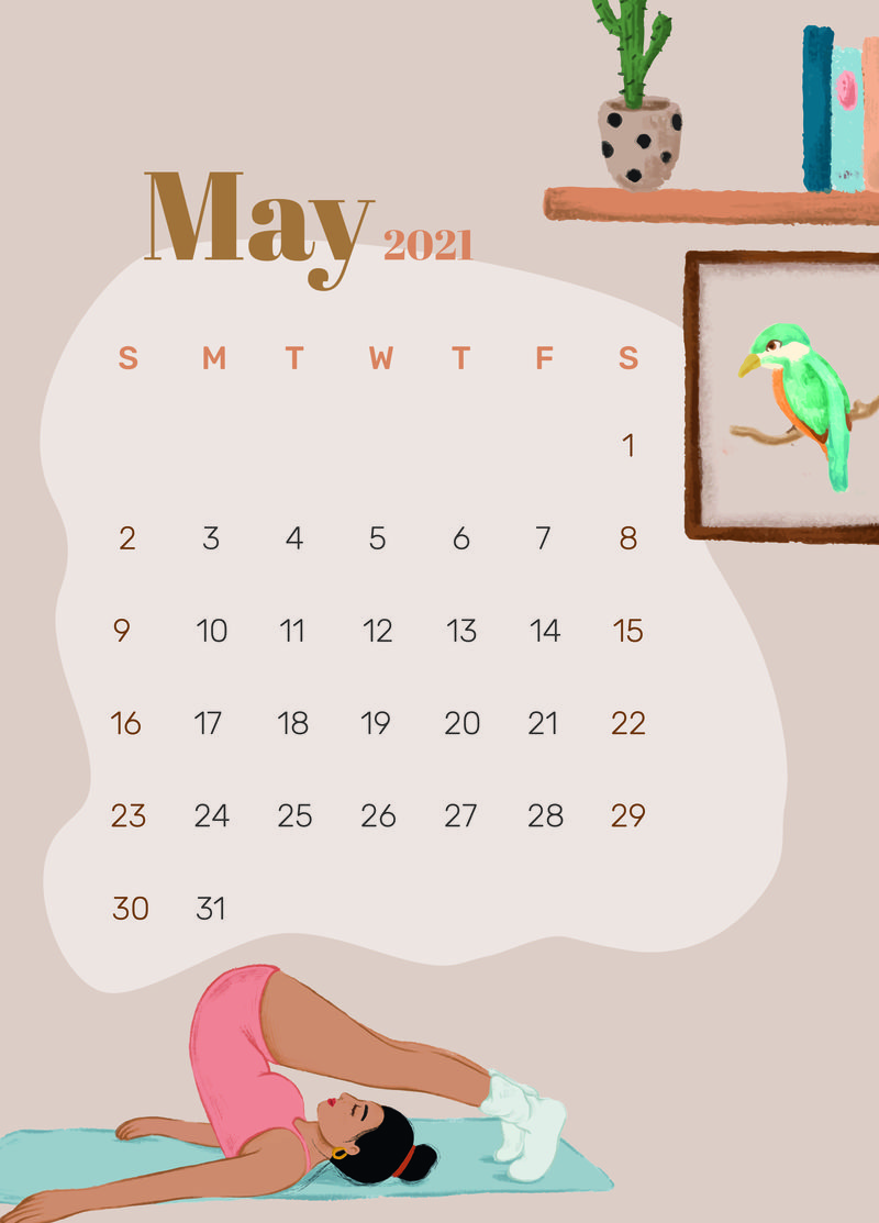 2021年5月日历可打印模板psd手绘生活方式图片,2021年5月,五月日历