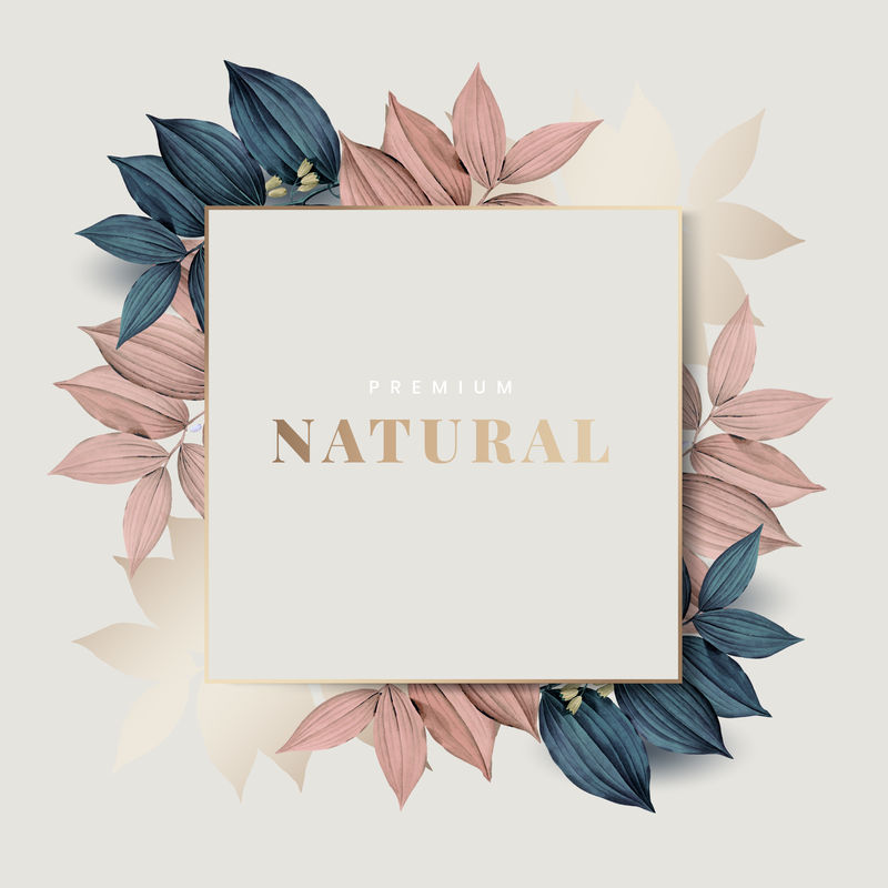 粉红色和蓝色叶子图案背景向量上的方形金框