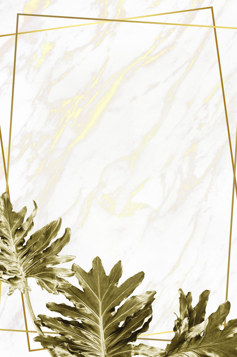 黄色大理石背景插图上的金色仙人掌叶