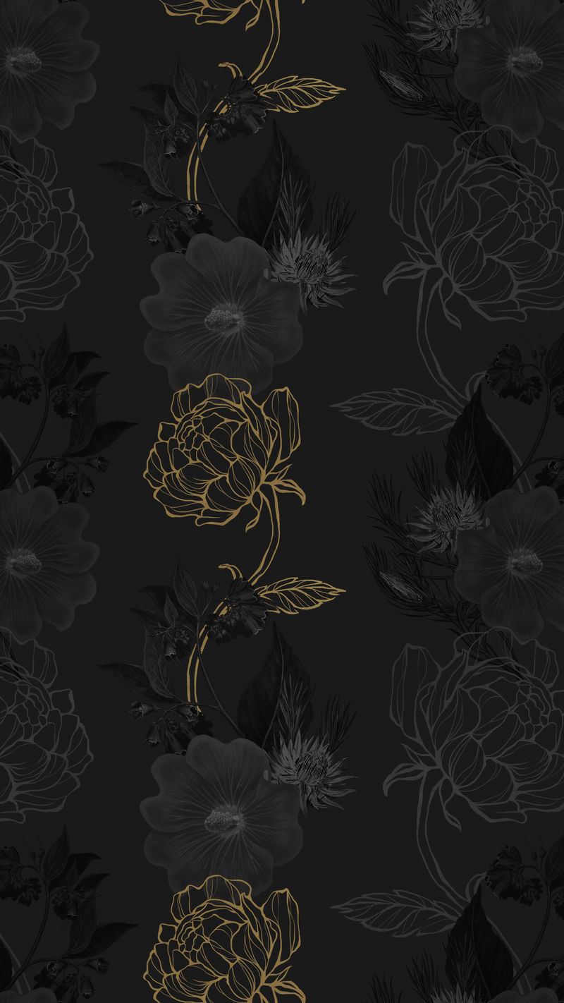 黑色背景上的手绘黑色和金色花朵图案