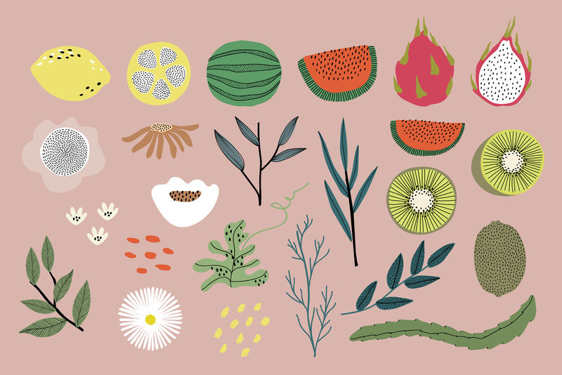 粉红色背景向量上的水果和蔬菜元素