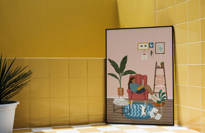 黄色墙壁模型的相框