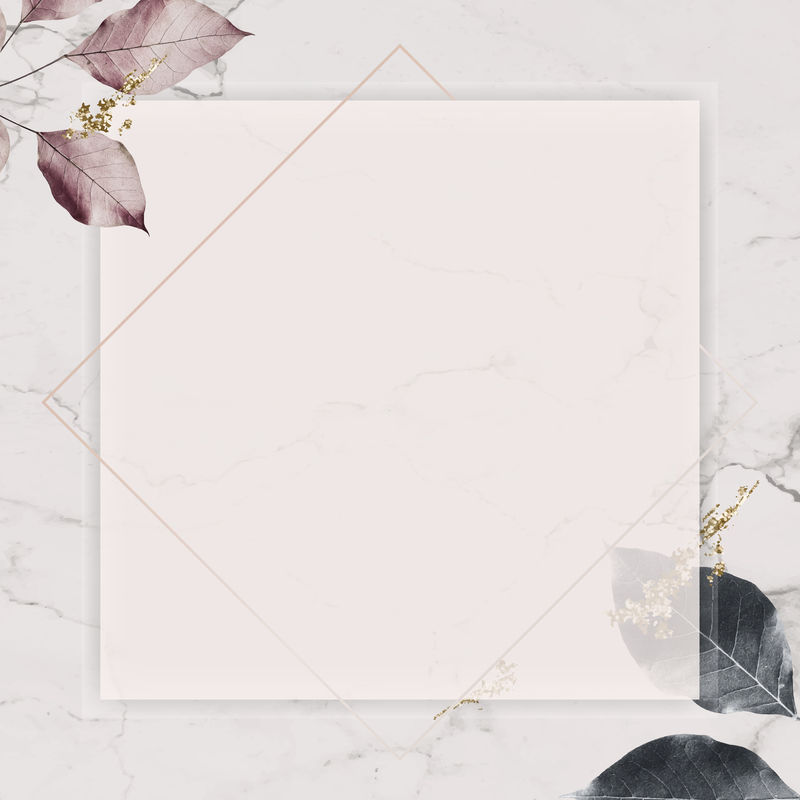 方形银框大理石纹理背景上有树叶图案