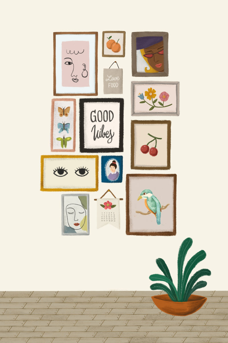 米色墙上的画框素描式插图