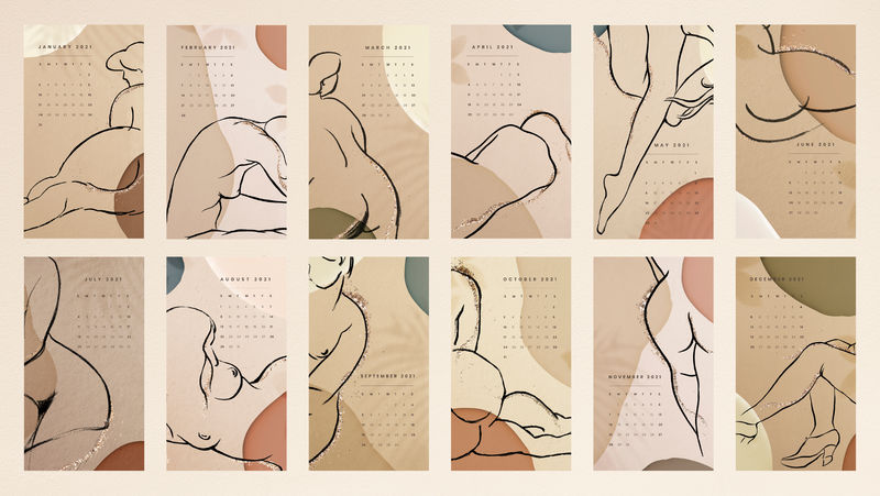 2021日历可打印模板psd月刊集抽象女性背景