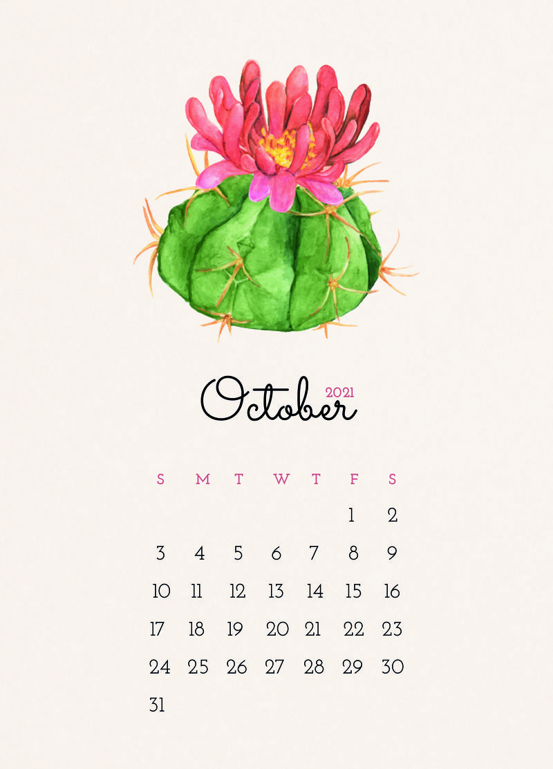 日历2021年10月可编辑模板psd与仙人掌