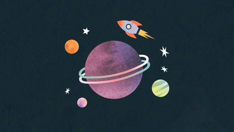 彩色银河水彩涂鸦与火箭黑色背景向量