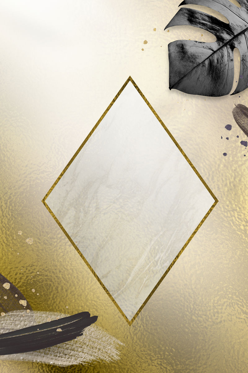 菱形金色框架带有金属图案和树叶背景向量