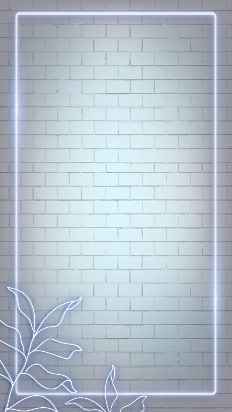 霓虹灯矩形框砖墙带叶子手机壁纸矢量
