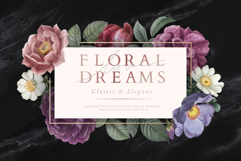 大理石纹理背景插图上的花卉梦想横幅