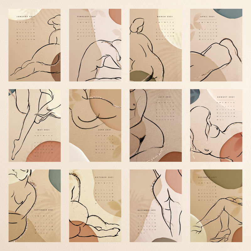 日历2021可打印模板psd月刊集抽象女性背景