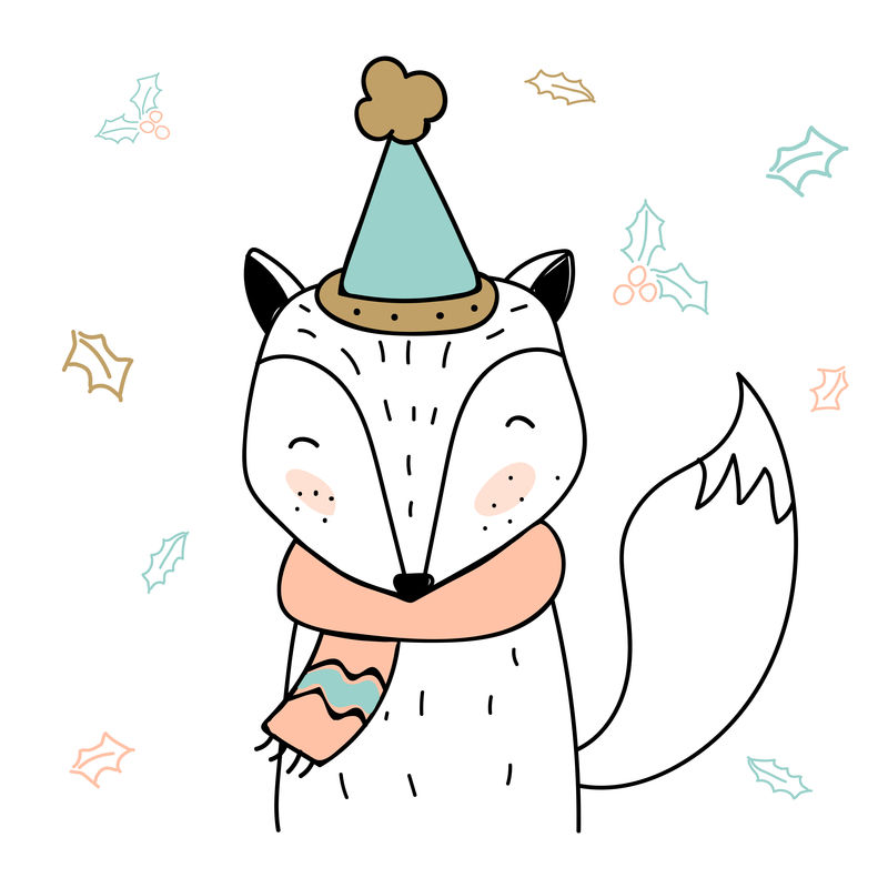 手绘狐狸戴着圣诞涂鸦风格的围巾和帽子