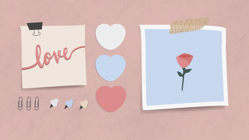 一套粉色纹理背景上带有别针和夹子的爱情主题信纸