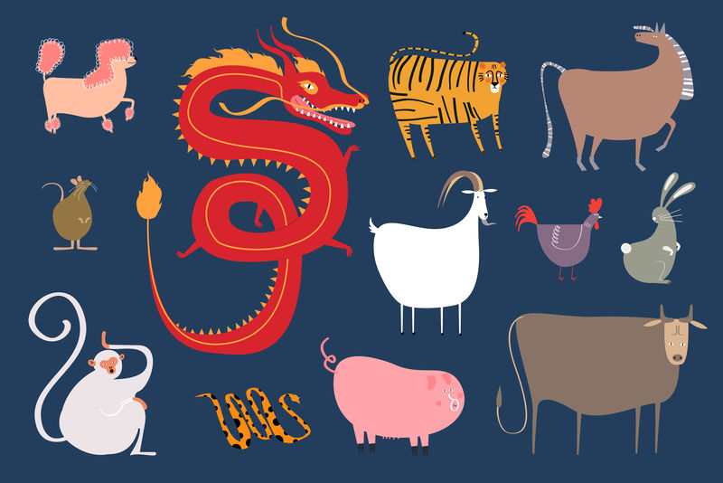 中国十二生肖psd蓝色背景贴纸套装