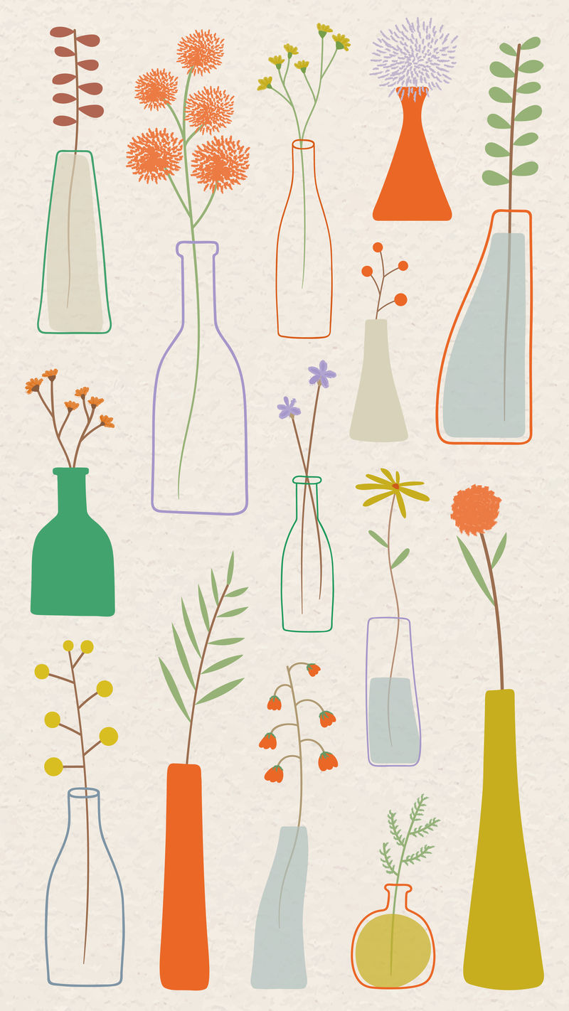 彩色涂鸦花卉花瓶米色背景手机壁纸矢量