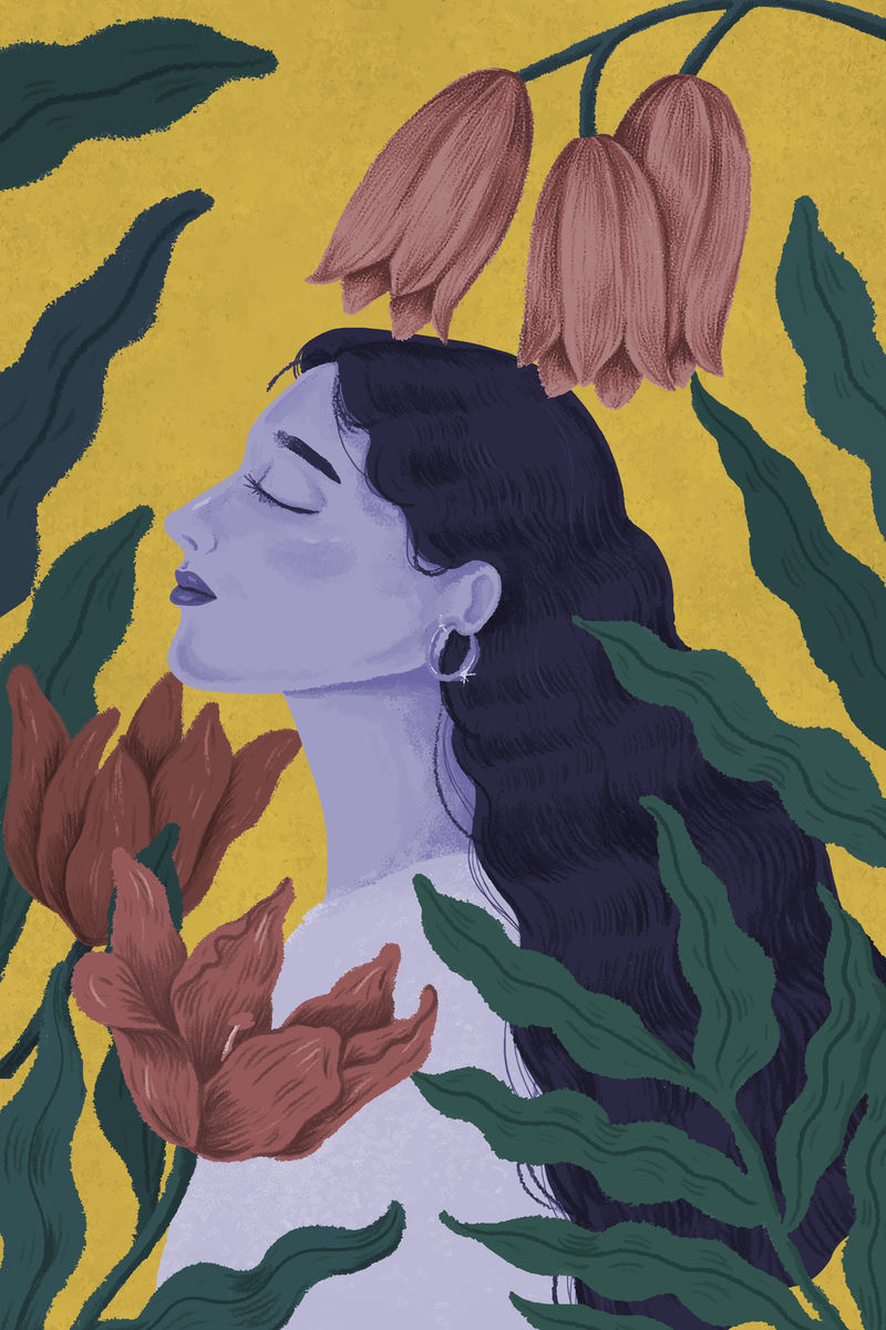 美丽的紫色女人被大自然包围插图