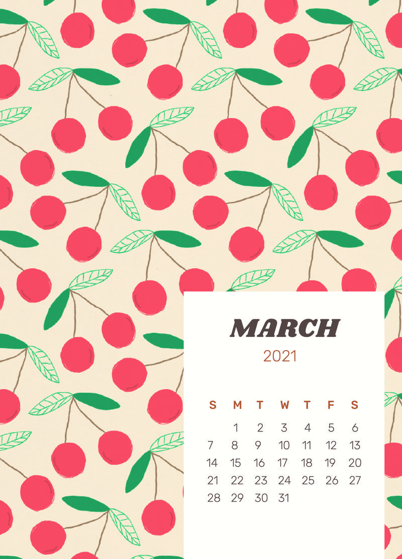 日历2021年3月可打印psd模板可爱的水果背景素材