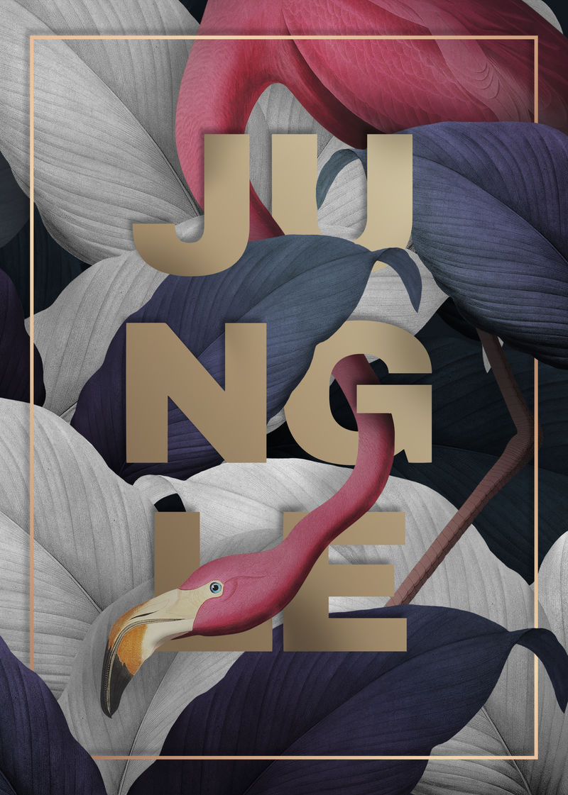 金色框架上的热带火烈鸟插图