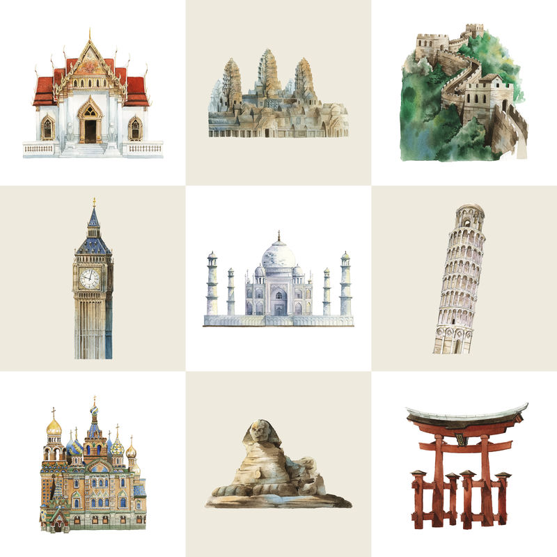 水彩画建筑地标集
