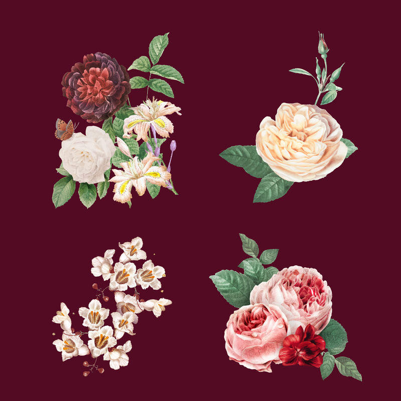 花卉花束矢量彩色水彩插画套装