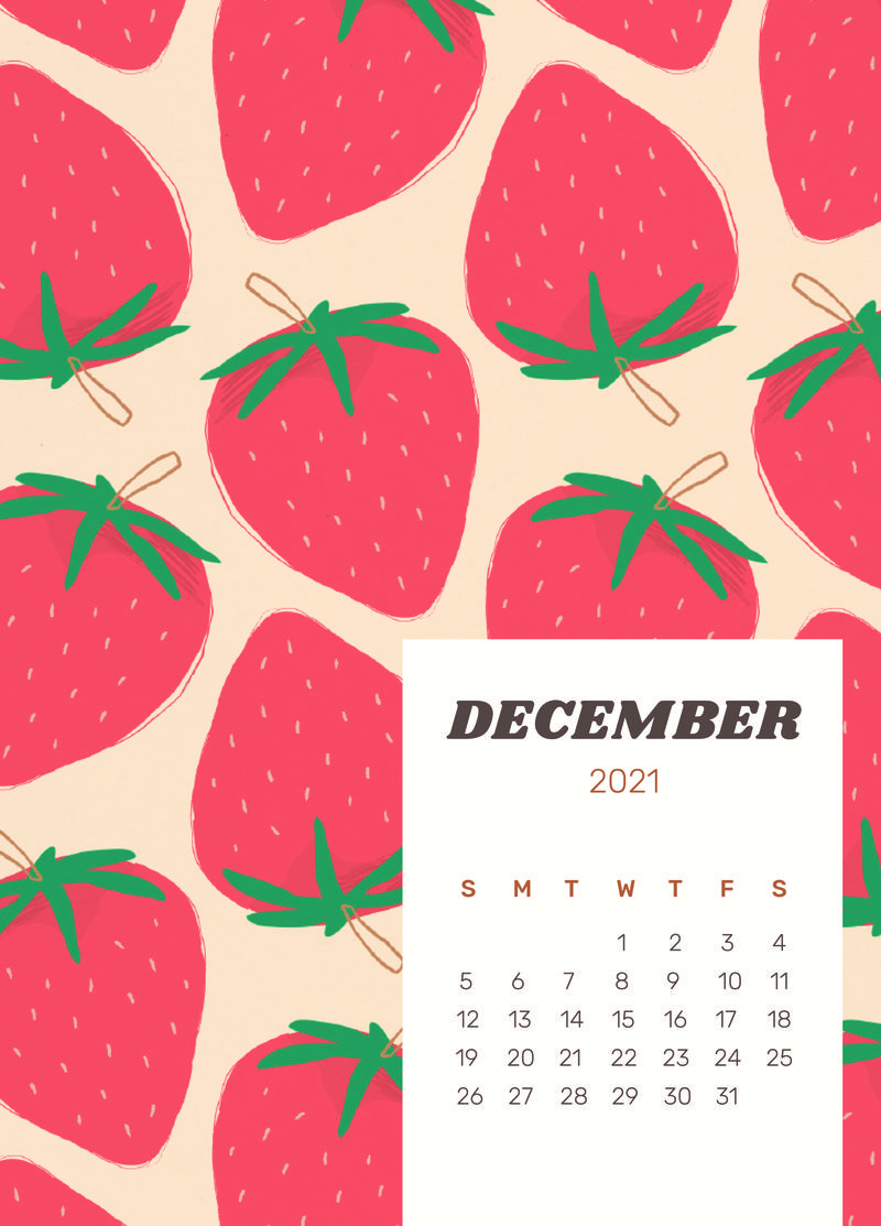 日历2021年12月带可爱草莓背景的可编辑海报模板psd