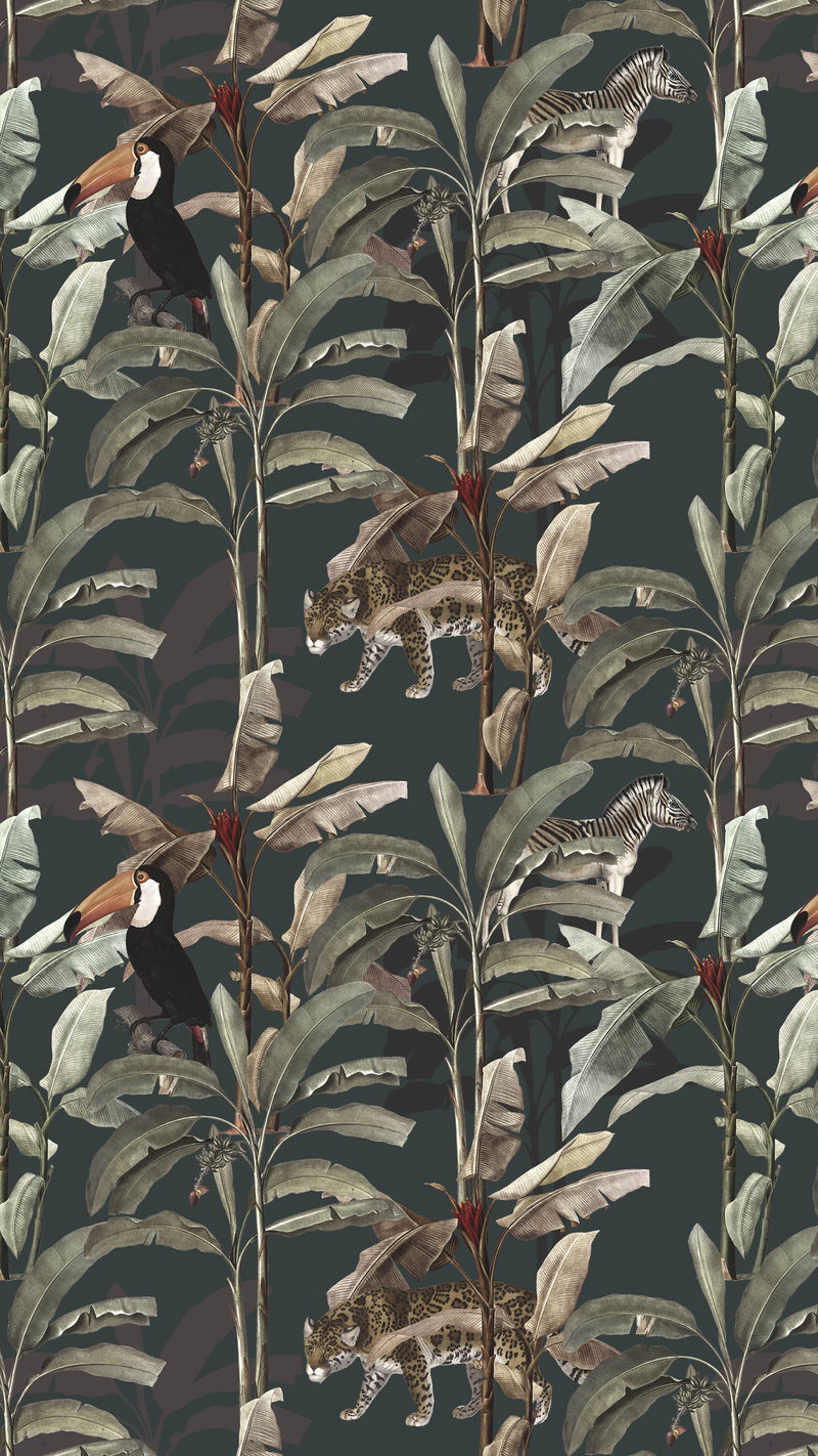 深绿色背景上的手绘热带图案