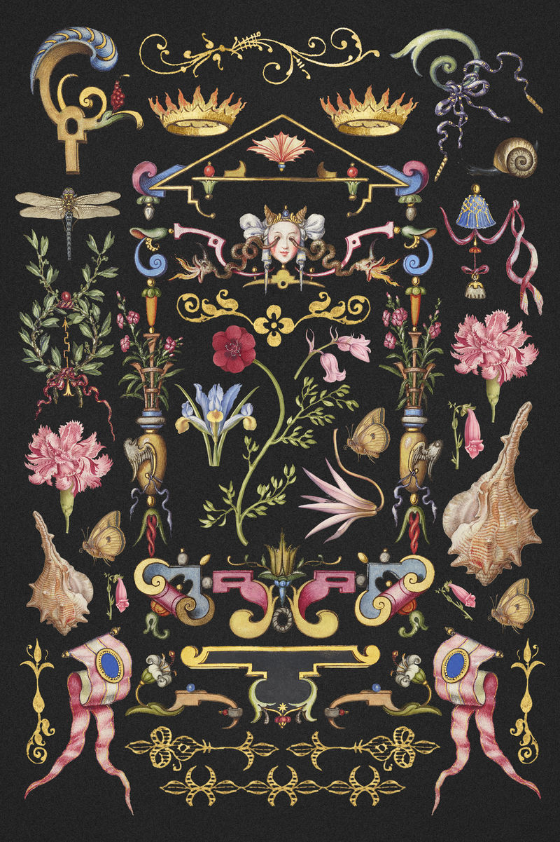 仿古维多利亚装饰psd装饰套装由Joris Hoefnagel和Georg Bocskay的书法模型书混合而成