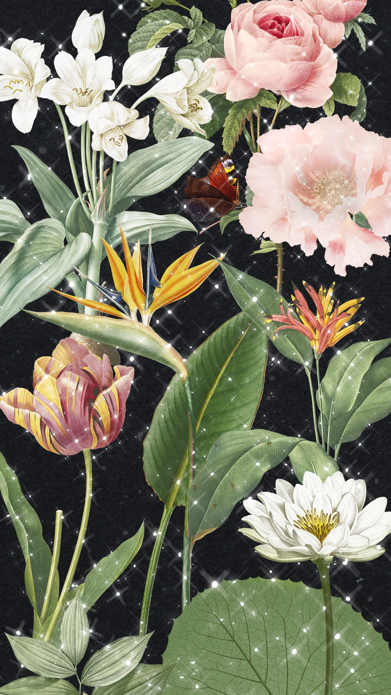 手绘热带花卉背景为闪闪发光