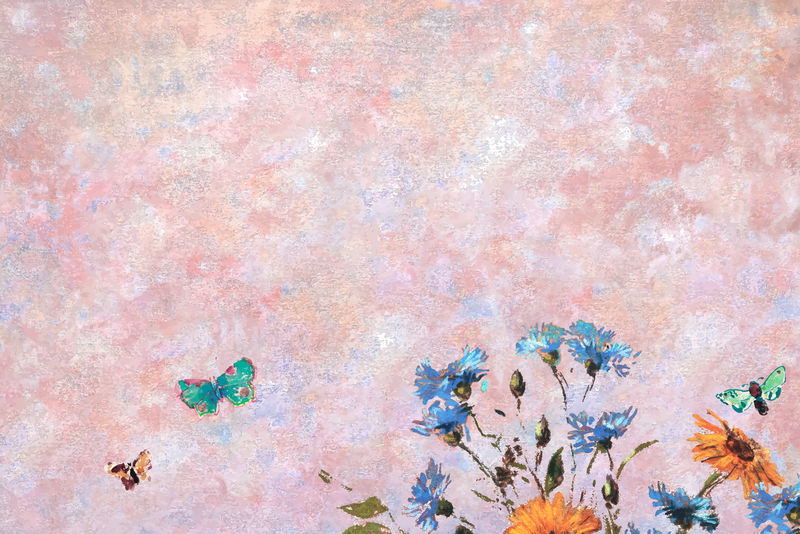 粉红色背景上的蓝色花朵油画矢量