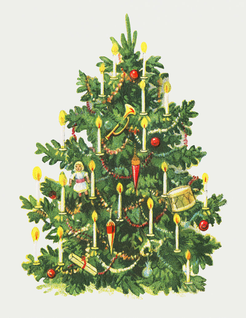 圣诞树上装饰着小装饰品蜡烛和小装饰品