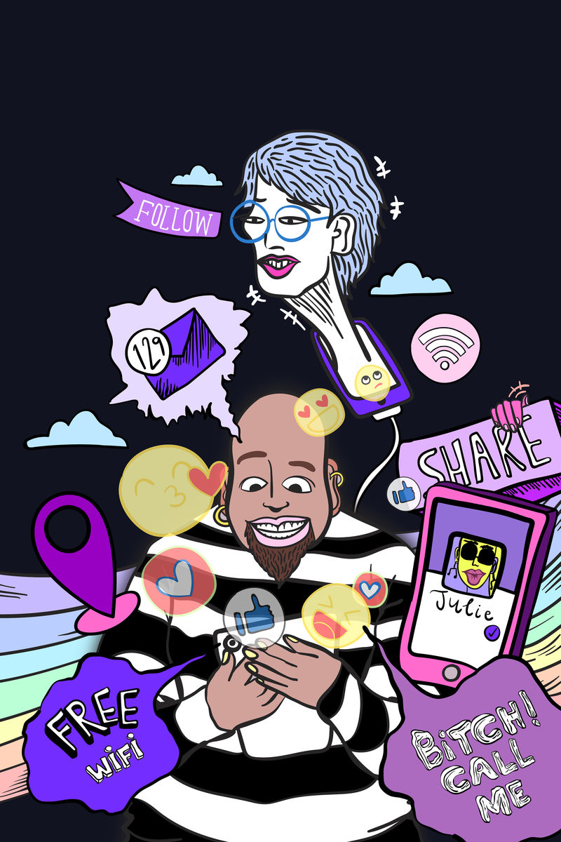 手绘社交媒体成瘾人物向量