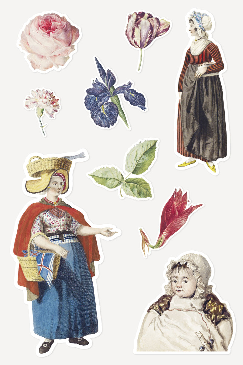 带有白色边框的复古人物和花卉贴纸套装