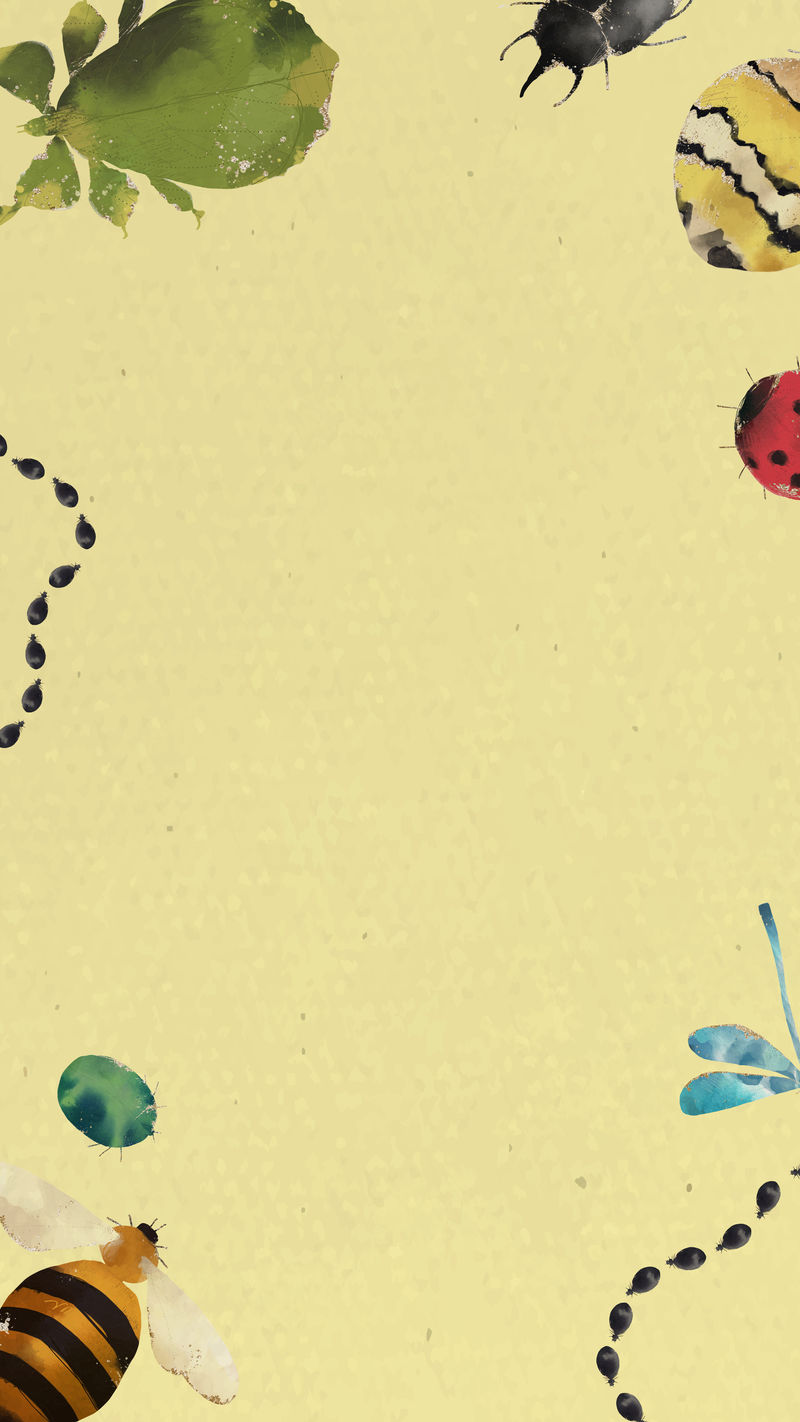 黄色背景手机壁纸载体上的昆虫水彩边框设计