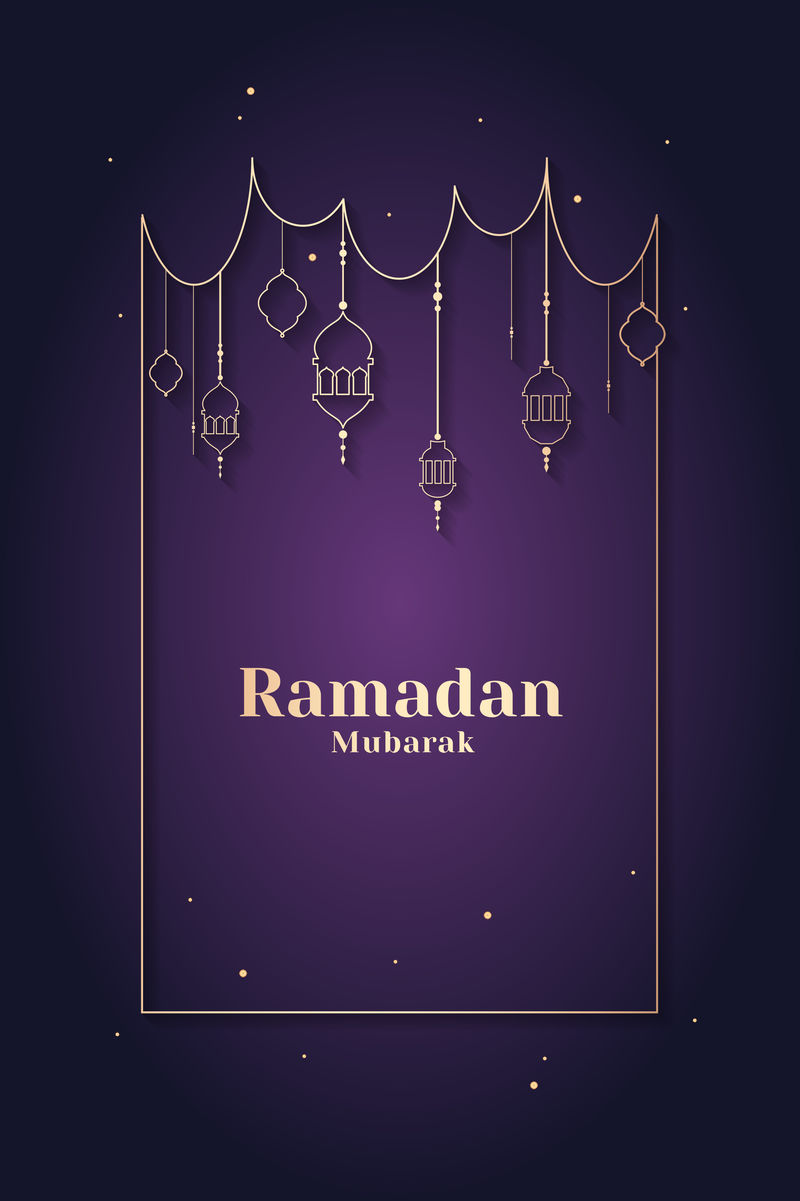 紫色斋月穆巴拉克框架psd与美丽的灯笼