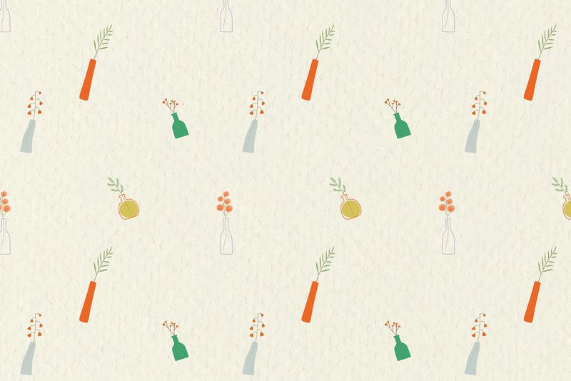 米色背景向量上花瓶图案中的彩色涂鸦花