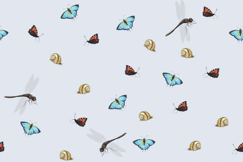 复古蝴蝶蜻蜓和蜗牛图案背景设计资源