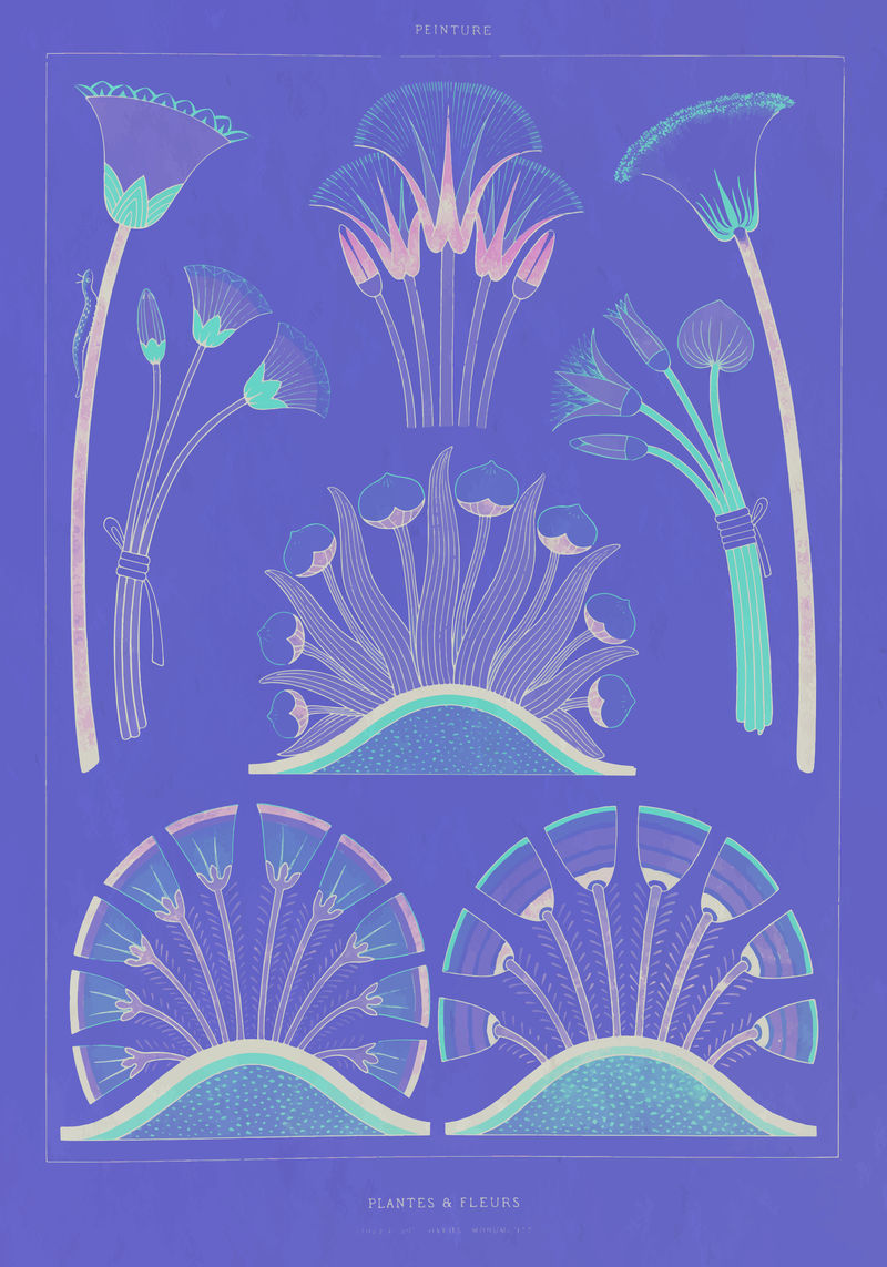 紫色埃及植物和花卉复古墙面艺术印刷海报设计混搭原创艺术品