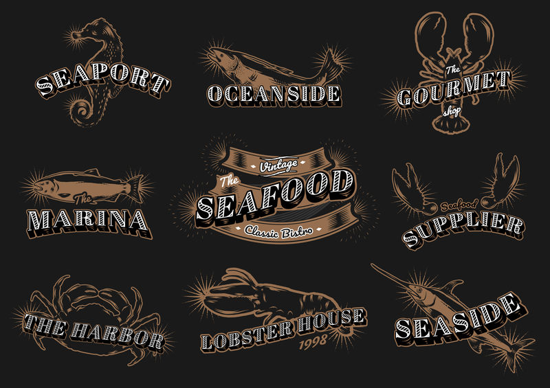海鲜餐厅复古logos矢量集