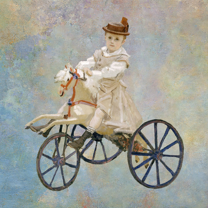 骑在小马三轮车上的男孩根据克劳德·莫奈的画混合而成