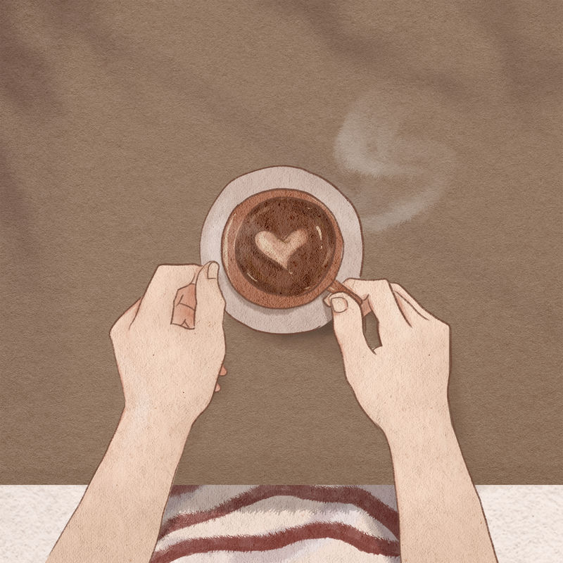 可爱拿铁艺术咖啡平铺手绘插图社交媒体帖子