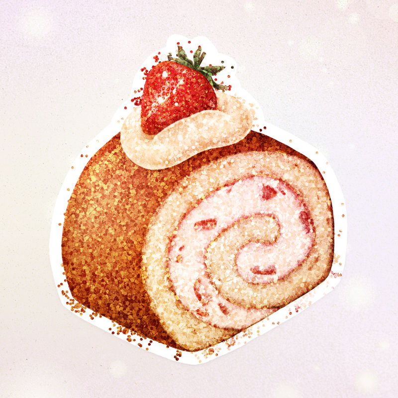 闪亮的草莓瑞士卷蛋糕贴纸覆盖在柔和的背景上