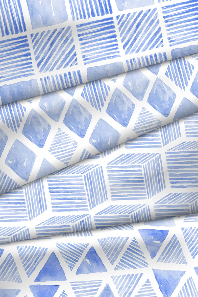 靛蓝水彩几何无缝图案背景向量集